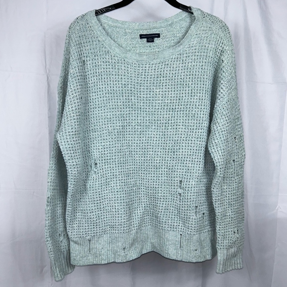 American Eagle Sweater Waffle Knit Distressed Long Sleeve Crewneck Pullover Top - Picture 3 of 11